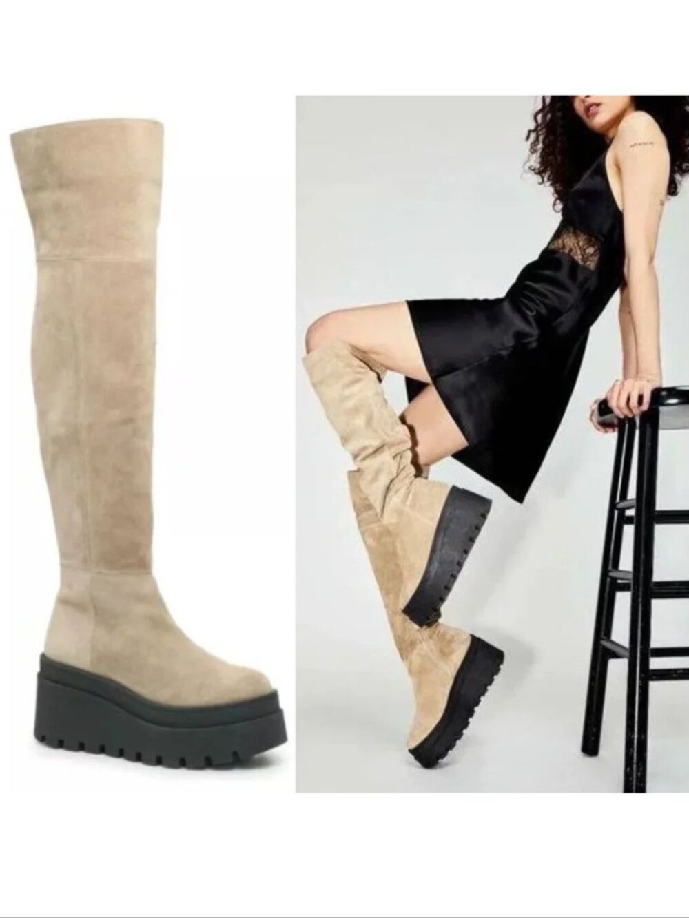 Free People London Calling Wedge Over-the-Knee Boots Size 37 7 Stone Suede NEW